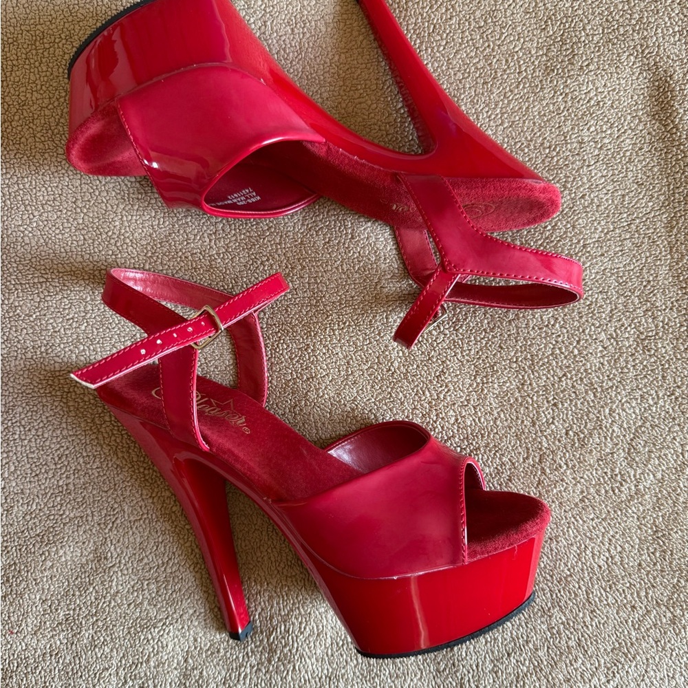 Like New Pleaser Red Platform Stilettos with Ankle Strap - Picture 4 of 6
